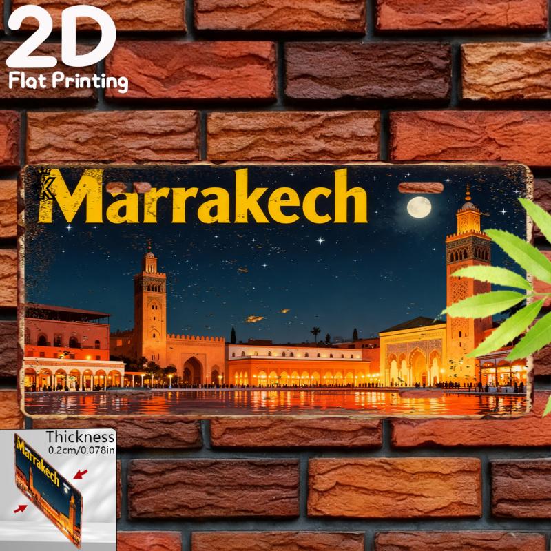2D Flat, Vintage Aluminum Sign, 1pc, Marrakech Theme,Decorative Plaque & Ornament, Vintage Style Decor, City Theme Wall Art
