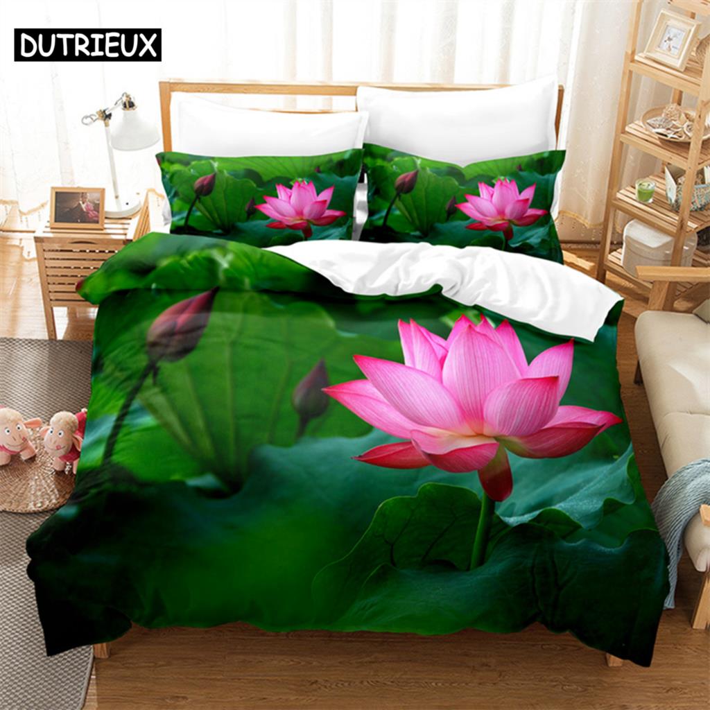 Pink Lotus Queen Bedding Set Green Duvet Cover Set Kids Bedding Digital Printing Bed Linen King Size Duvet Cover Set Bedding Set