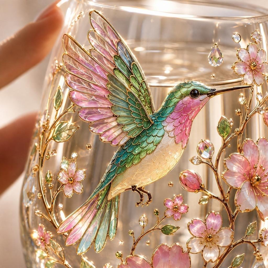 Glasbecher mit Kolibri und Blumenmuster, handbemalt, dekoratives Trinkglas mit Goldrand für den täglichen Gebrauch und besondere Anlässe