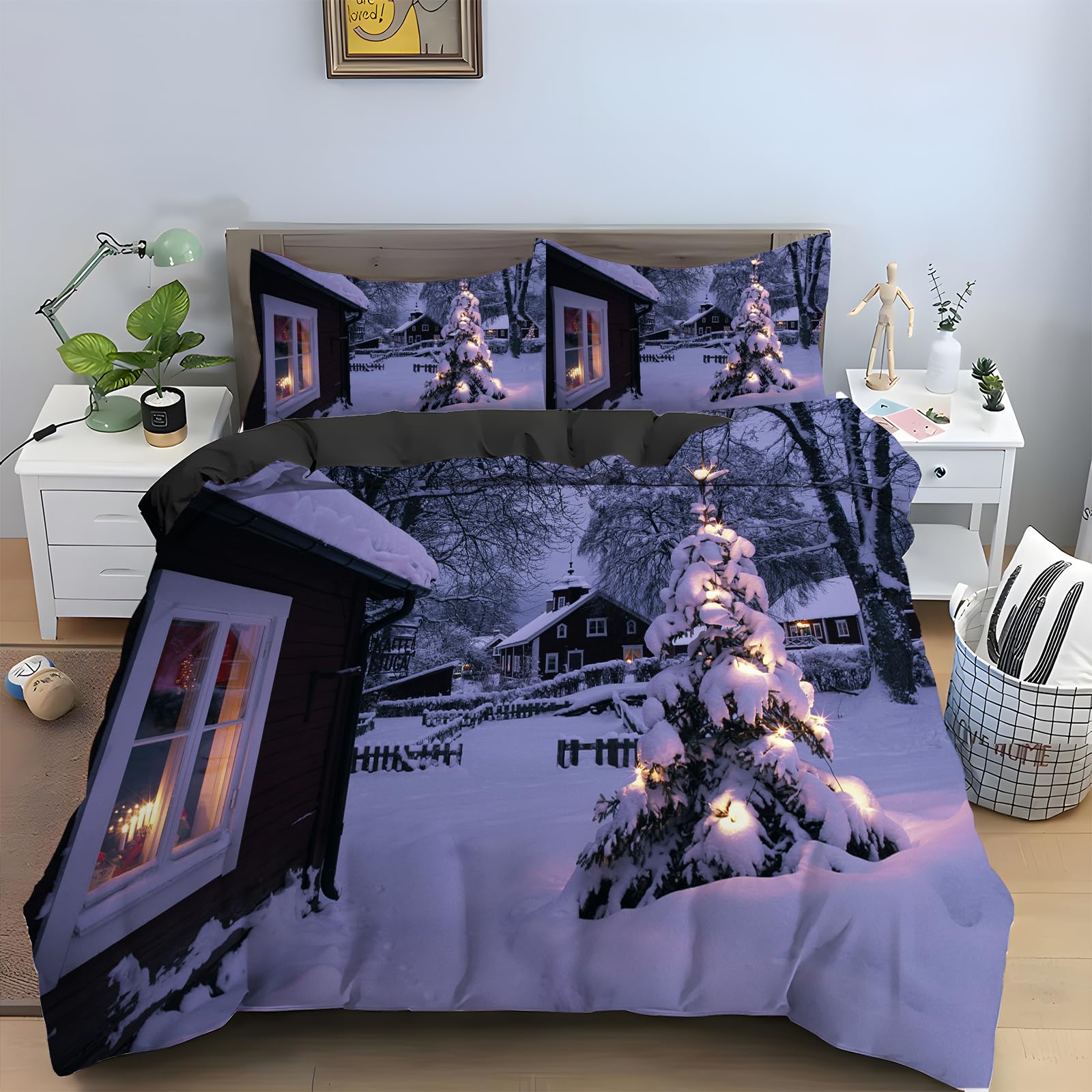 

Snowman with Santa Hat Christmas Duvet Cover Set Decorative 3 Piece Bedding Set with 2 Pillow Shams, Single Queen King Full Size EU single(135x200cm)