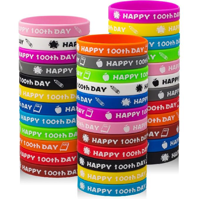 36PCS Happy 100th Day Bracelets Colorful Silicone Wristbands Cute 100th Day of School Gifts Rubber Bracelets for School Classroom Party Favors Supply