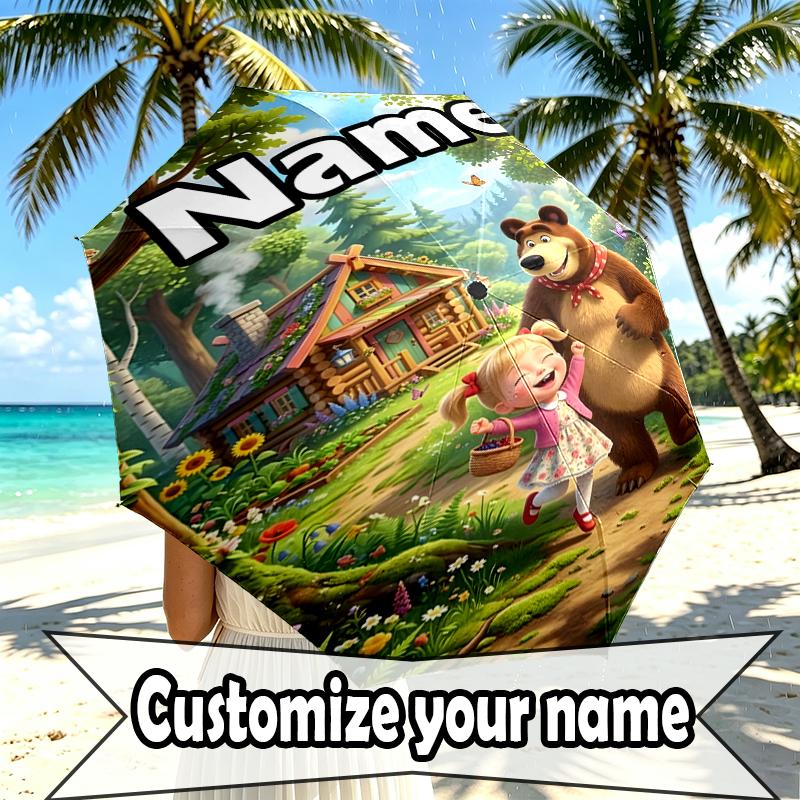 Custom Name Personalized Masha and The Bear Print Umbrella, Auto Open Close, 8‑Rib Sturdy Frame, Commute Camping Hiking Use, Birthday Gift