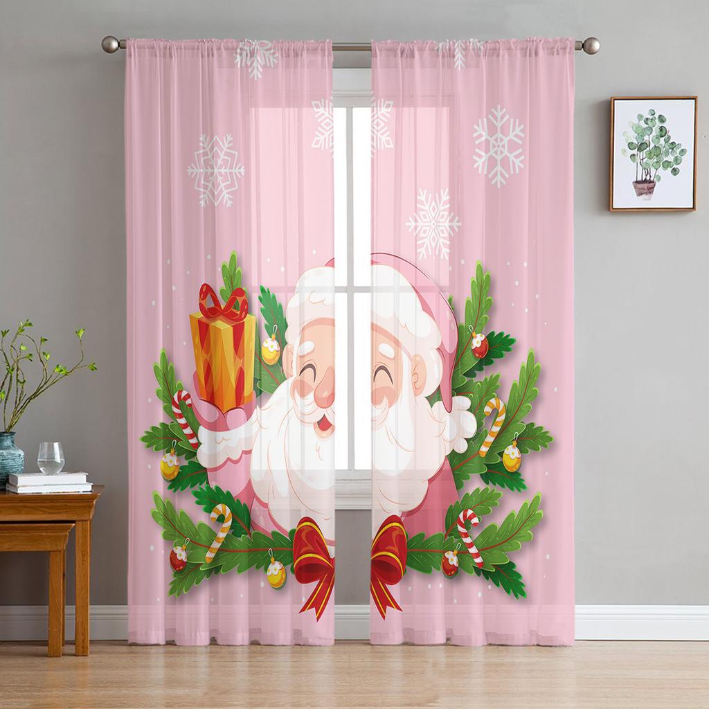 Rosa Weihnachtsbaum Schneeflocke Weihnachtsmann Tüllvorhänge für Wohnzimmer Schlafzimmer Dekor Chiffon Transparent Voile Küchenfenstervorhänge