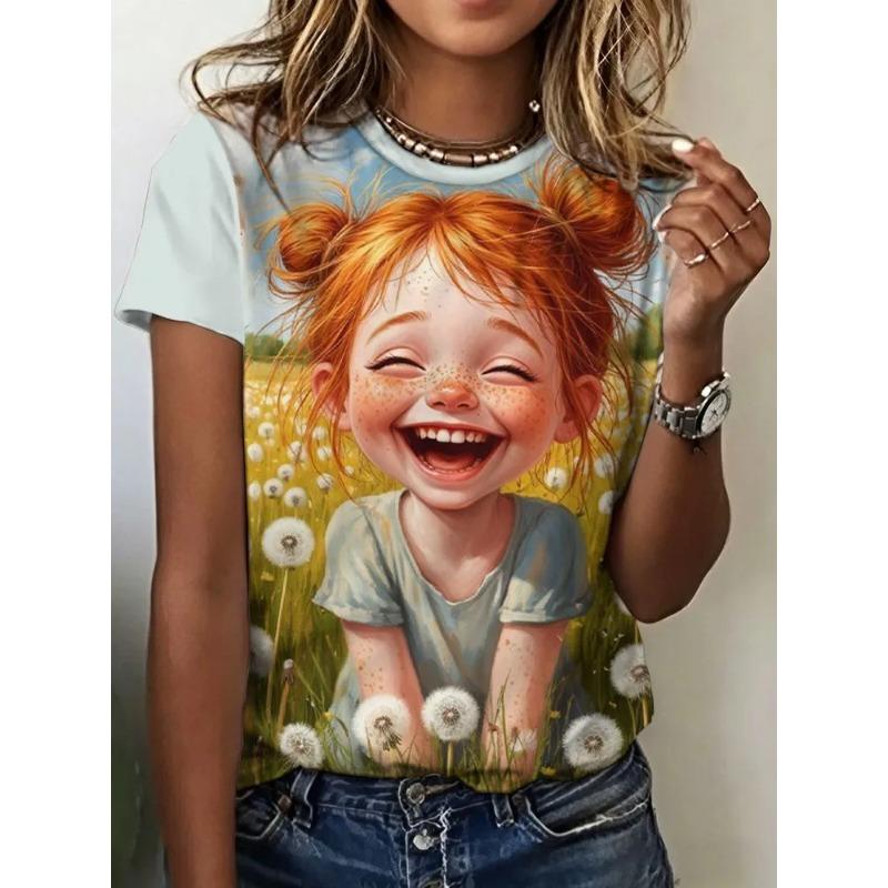 Summer Women's 3D Printed Crew Neck T-Shirt Fashion Versatile Trend Breathable Casual