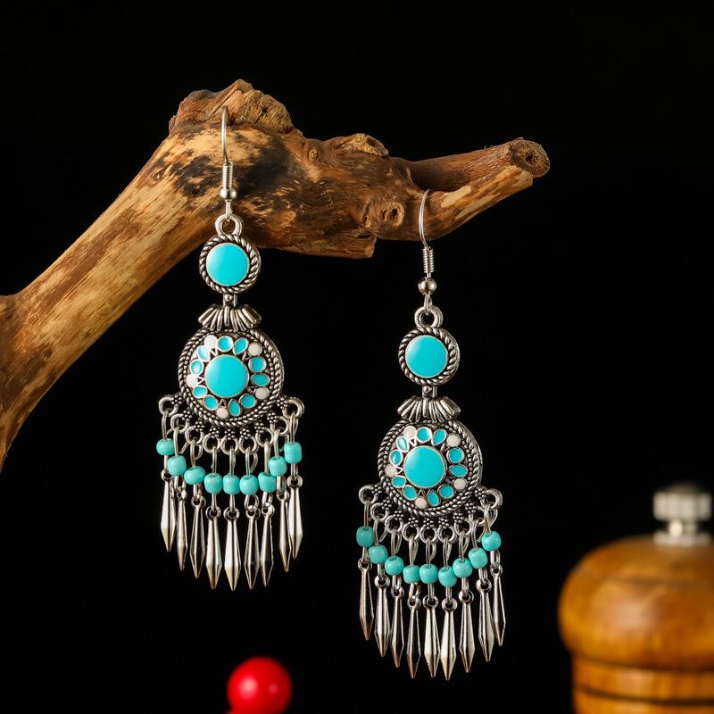 Bohemian Ethnic Enamel Drop Dangle Earrings For Women Retro Geometric Handmade Beads Metal Trendy Vintage Boho Zircon Earrings синий