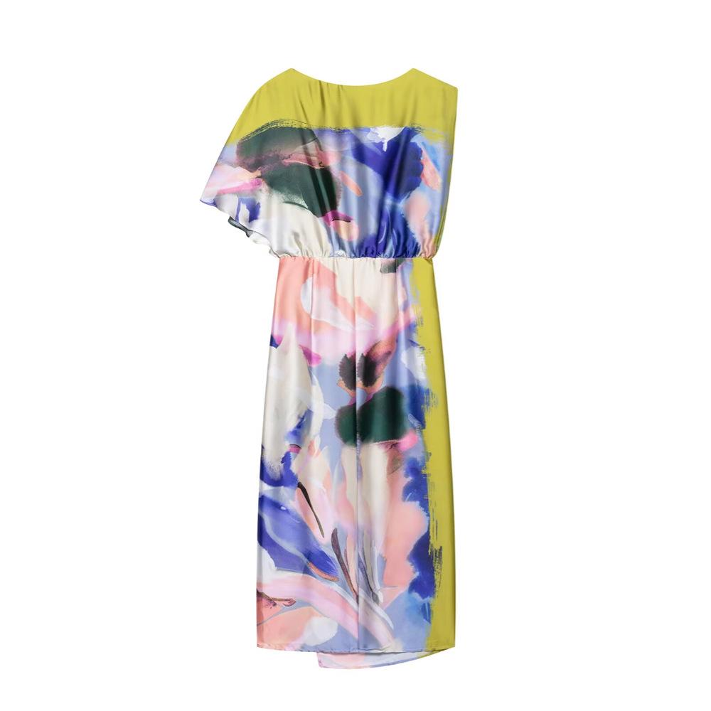 Spring/Summer 2025 Women's Asymmetrical Print Dress—Slim Fit, Round Neck, Versatile Design.