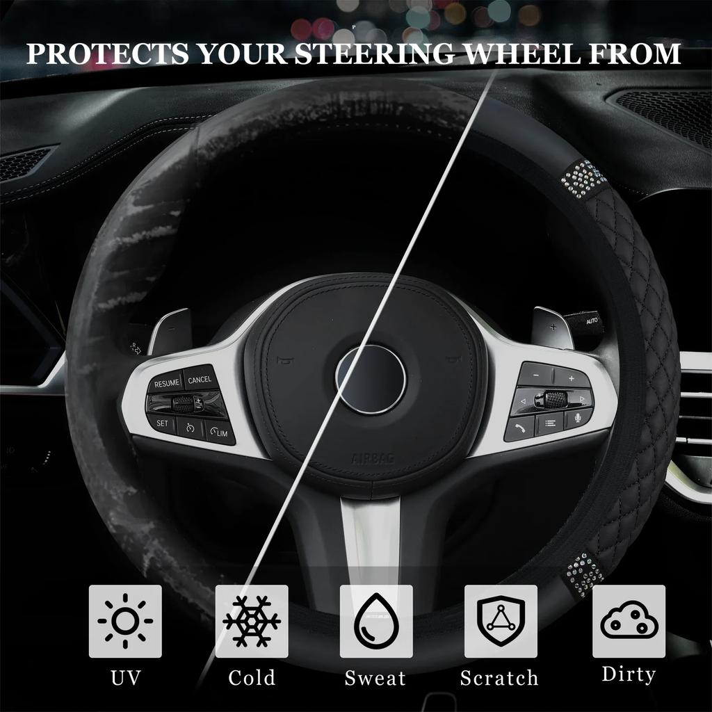 1PC Car Steering Wheel Cover High-grade Women's Splice Diamond Insert Without Inner Ring Non-slip PU Elastic Handlebar Cover