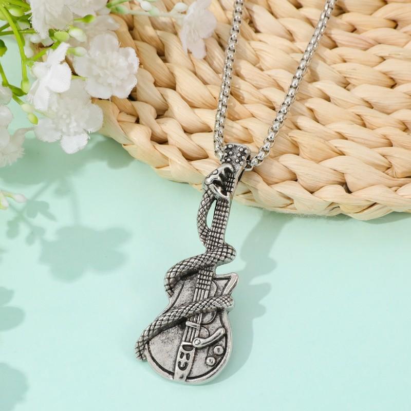Vintage Gothic Guitar Snake Pendant Necklace Men’s Personalized Fashion Jewelry
