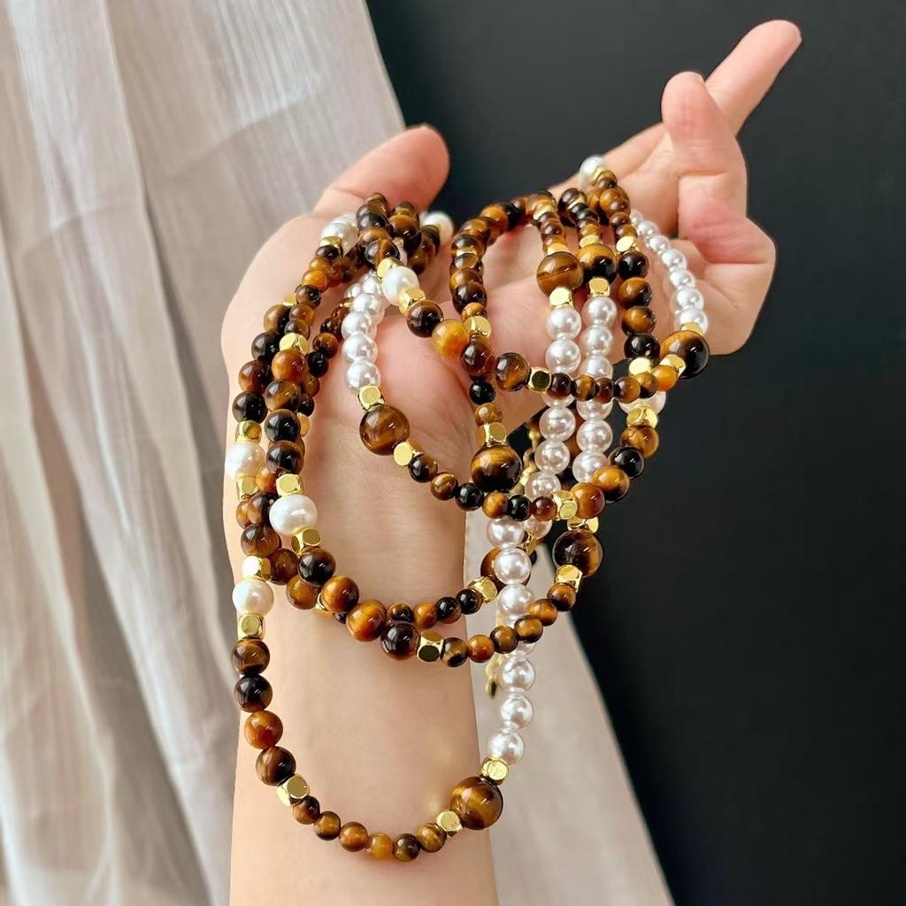 Vintage Maillard High Quality Natural Tiger'S Eye Stone Artificial Crystal Pearl Necklace Clavicle Chain