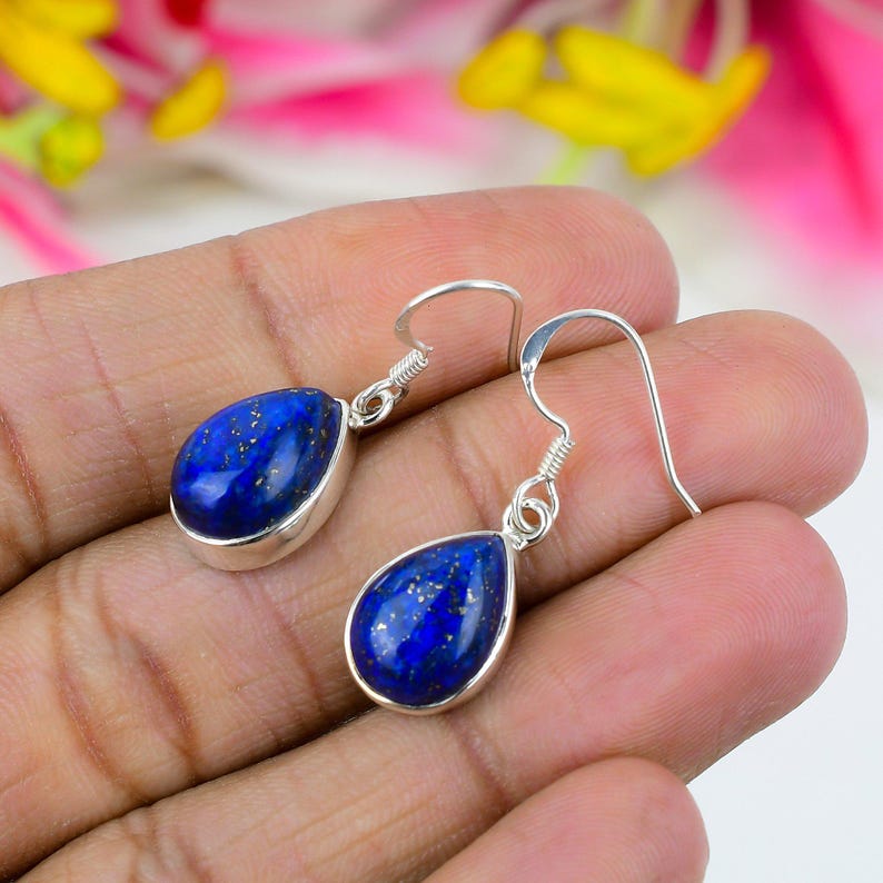 Massives 925 Sterling Silber Lapislazuli Birne Cabochon Edelstein handgefertigt Damen Hängeohrringe