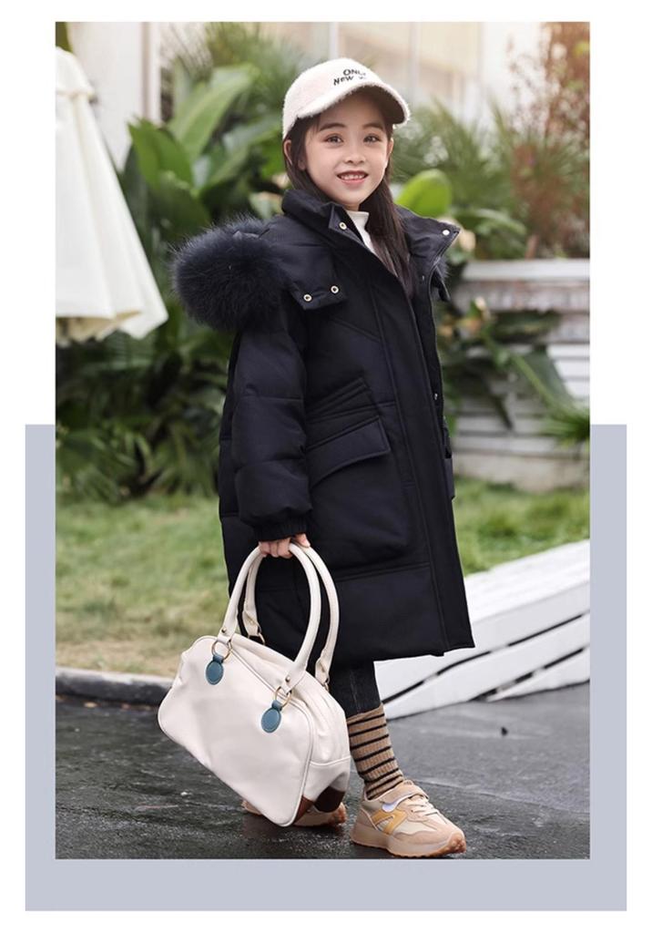 2024 Mid-Length Girls' Thick White Duck Down Jacket - Korean Style Warm Winter Outerwear