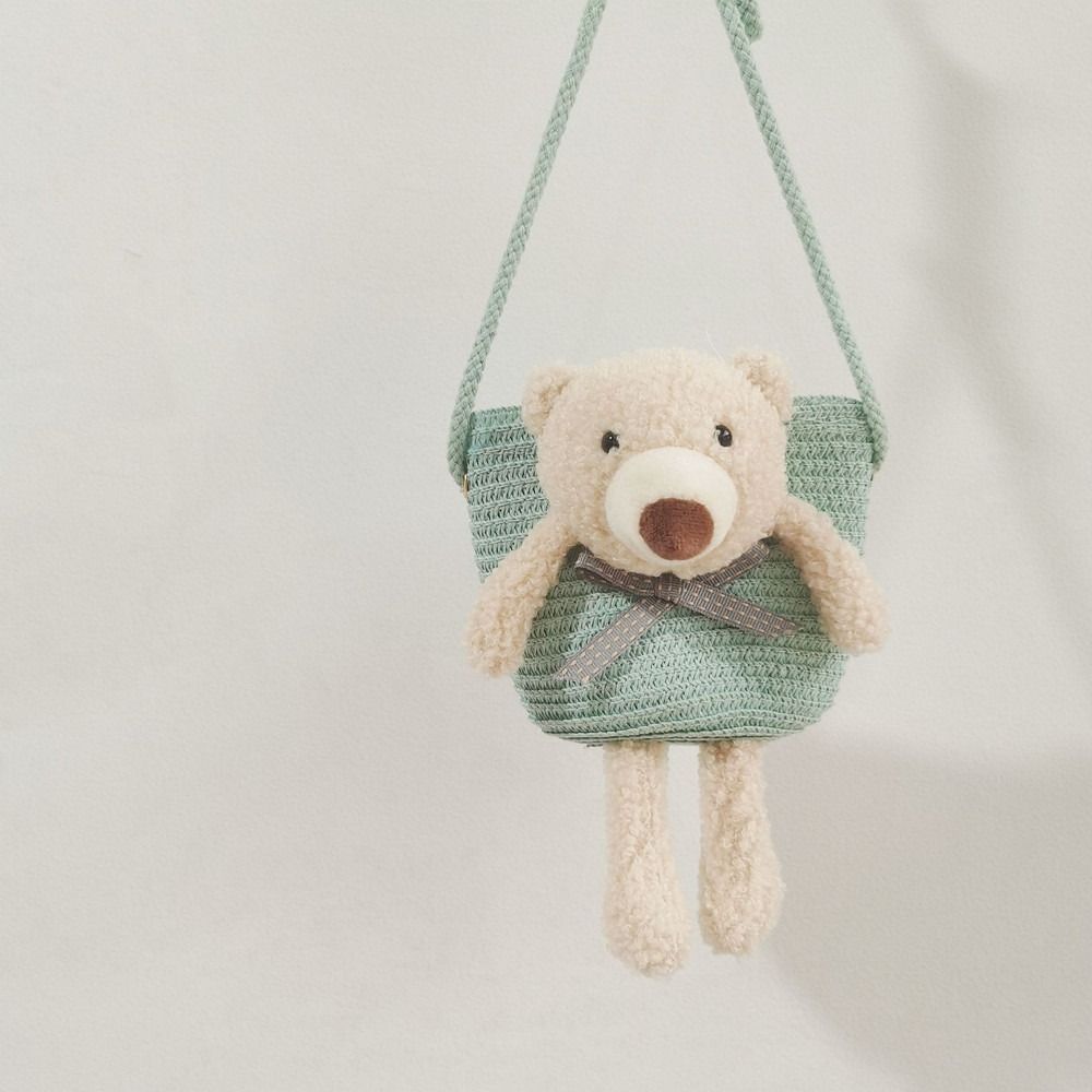 Cute Bear Girl's Shoulder Bags Colorful Straw Children's Messenger Bag Princess Mini Bow Handbag Crossbody Child Girl Coin Purse