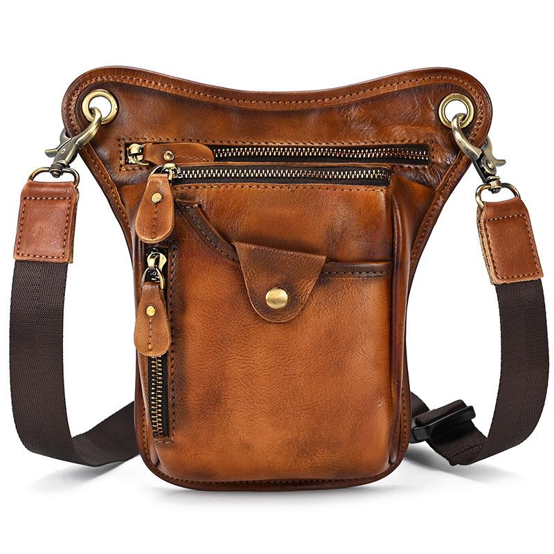 Vintage Men's Leather Motorcycle Leg Bag Small Shoulder Tactical Waist Bag Cow Skin Multifunctional Male Rider Pouch Waist Bag