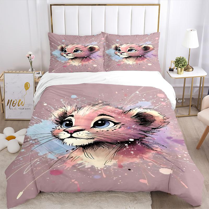 3pcs Pink Little Lion Bedding Set - Includes 1 Quilt Cover and 2 Pillowcases, Comfortable Bedding with Stylish Design for Bedroom,N076