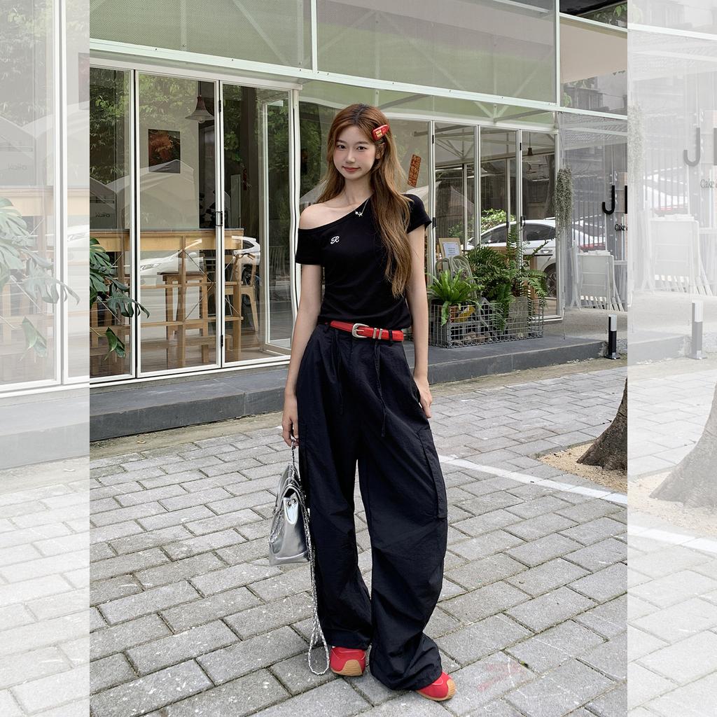 Korean black letter embroidered slanted shoulder short-sleeved t-shirt women's summer new slim-fitting and thin top