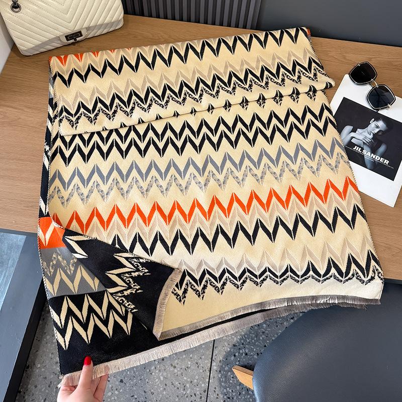 Scarf Women's Winter High-grade Imitation Cashmere Double-sided Geometric Stripes Warm and Cold-proof Large Shawl Versatile Scarf