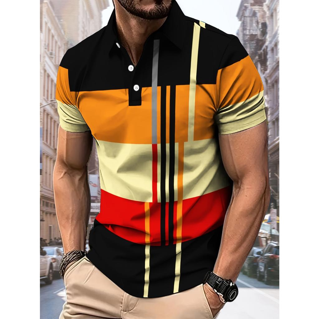 men's POLO shirt features a casual fashionable comfortable and breathable 3D striped pattern print