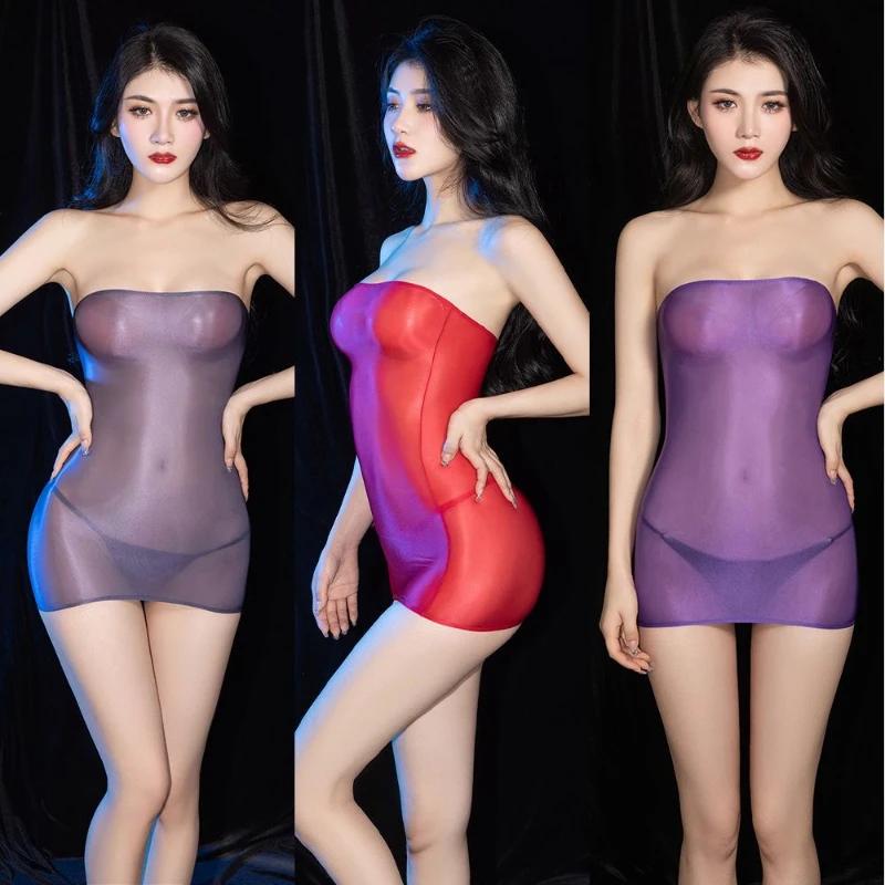 Sexy Oil Lesklý Shin Průhledné Micro Mini šaty Průhledné Bodycon Sexy přiléhavé tužka Roztomilé šaty Šaty s hladkým elastickým obvazem