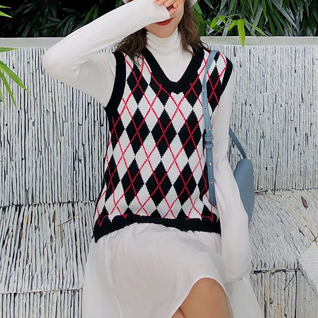 Women's Casual V-Neck Pullover Shirt Collision Color Sleeveless Sweater Vest