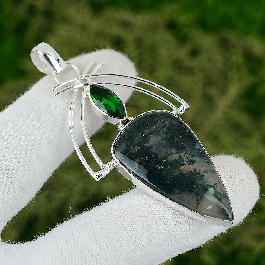 925 Silver Solar Moss Agate Stone Chrome Diopside Engagement New Pendant Jewelry