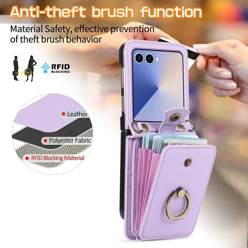 Portafoglio in Pelle Custodia per Telefono per Samsung Galaxy Z Flip 7 6 5 4 3 Flip7 FE con Anello per Dita Porta Carte e Tracolla
