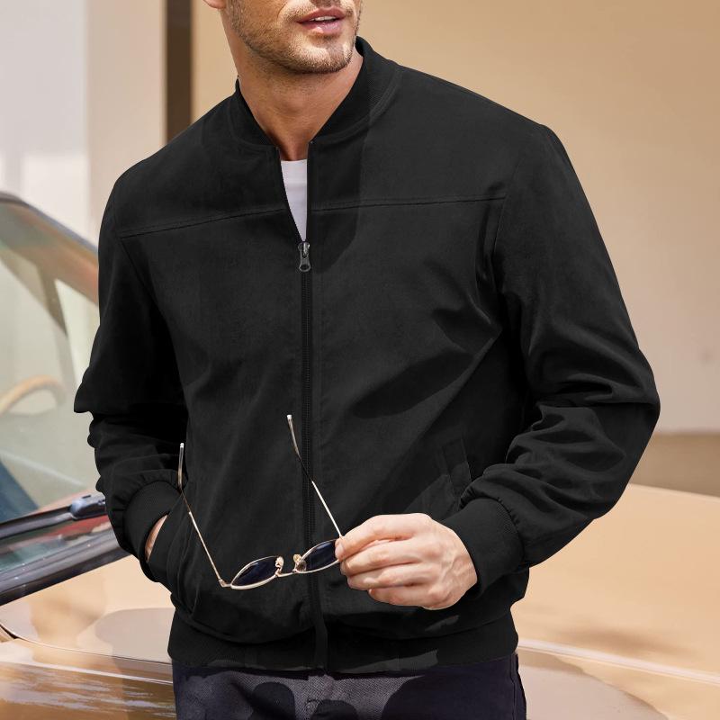 European and American Men's Suede Zipper Stand Collar Jacket for Spring and Autumn