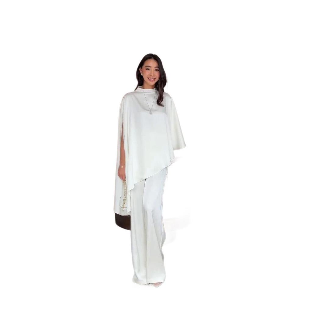 2026 Spring White Wide-Leg Pants Suit: Casual Two-Piece with Irregular Design