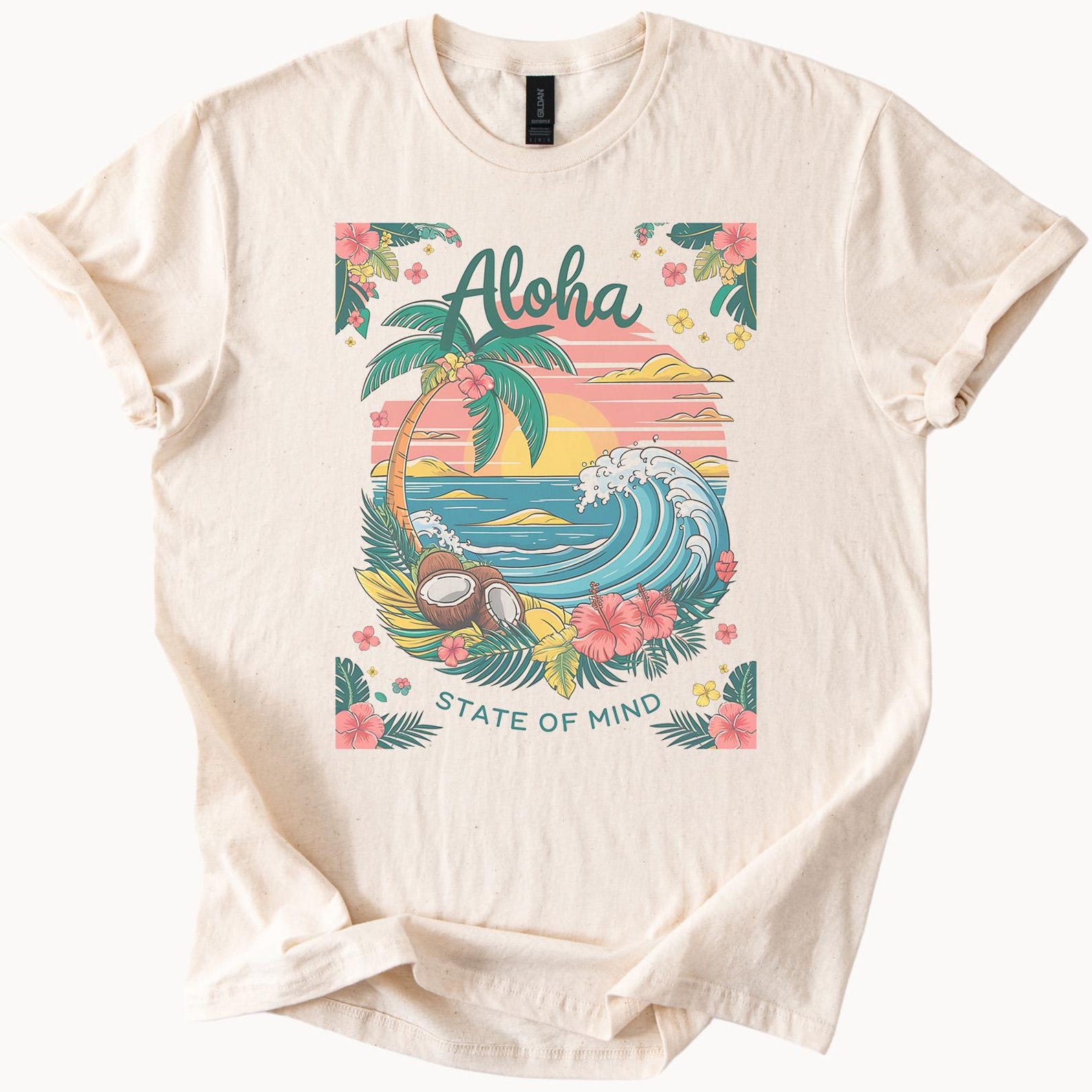 Aloha State of Mind Graphic T Shirt Tropical Sunset Palm Tree Ocean Wave Hibiscus Flowers Coconut Beach Summer Unisex Tee 130