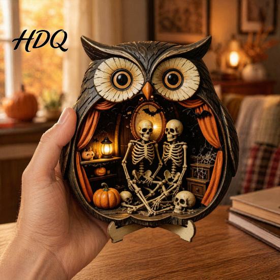 Cozy Halloween Scene Decor Wooden Owl Tabletop Centerpiece 2D Flat Pumpkin Ghost
