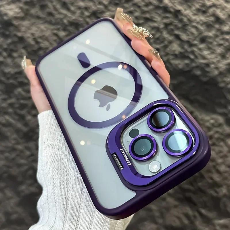 Magnetic Shockproof Phone Case For iPhone 16 16e 15 14 13 12 11 Pro Max For Magsafe Stand Glass Lens Protector Back Cover Funda