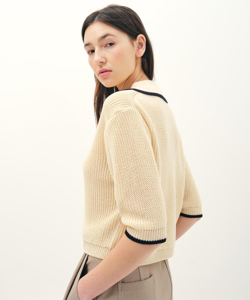 JUN BY JUN K V-Neck Collared Cotton Knit Top_Cream