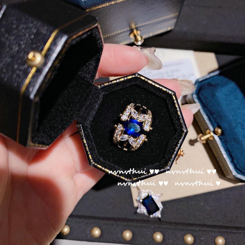 Vintage Oil Painting Deep Sea Sapphire Ring, 18K Gold-Plated Bright Star Zircon Full Diamond Open Ring, Necklace. opening adjustable