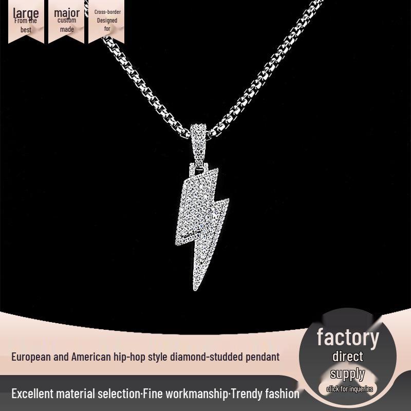 Trendy Silver Hip-Hop Lightning Pendant Necklace with Zircon for Men and Women