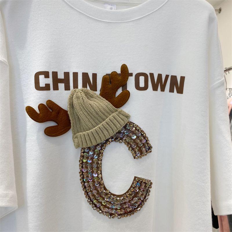 Spring and Autumn Large Size Diamond Hat Fashionable All-Match Pullover Loose Short Sleeve Fur T-Shirt Women