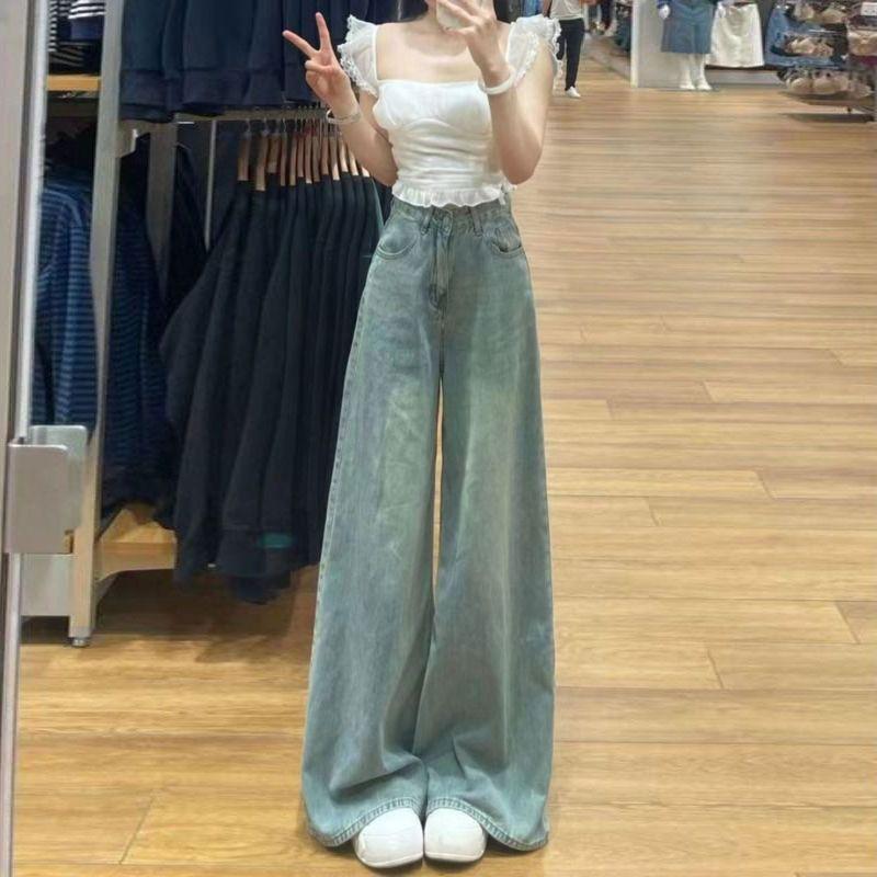 High-Waisted Straight Jeans Women Spring and Summer Thin Loose Drag Floor Pants Slim Wide-Leg Pants Retro Street Style Baggy Long Jeans for Ladies