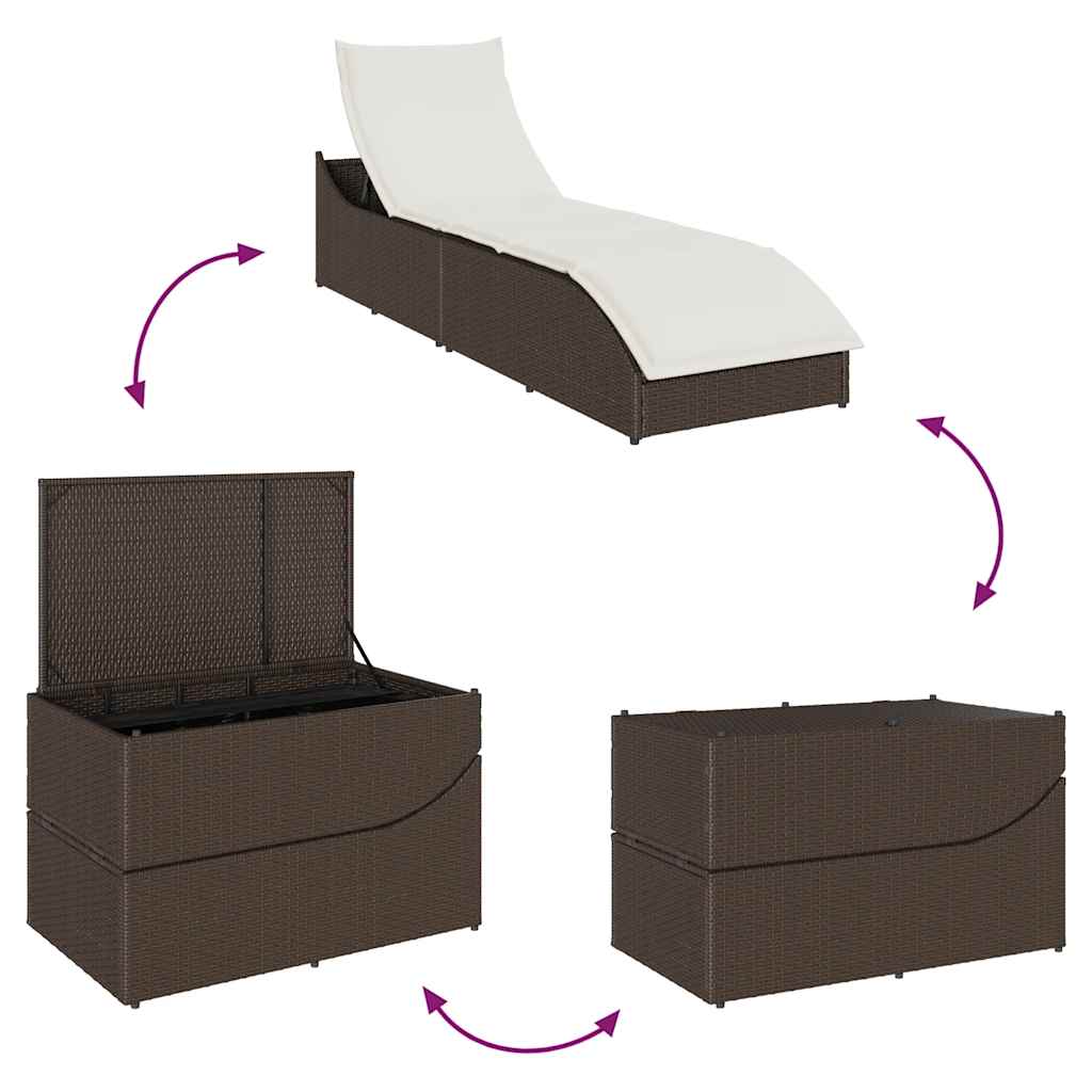 Folding Sun Lounger with Cushion and Storage Space Brown Poly Rattan