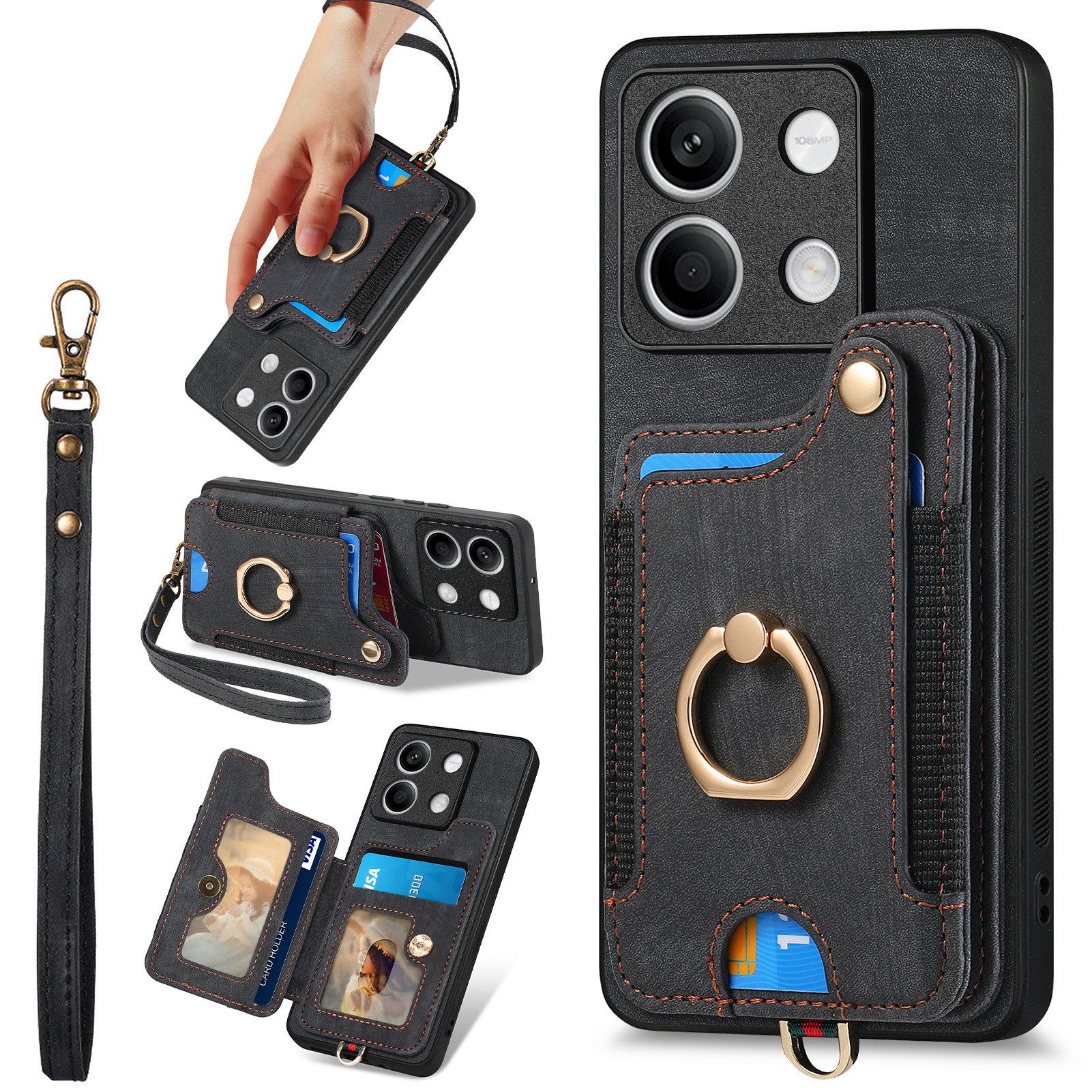 

D4 For Xiaomi Redmi Note 13 4G Vintage Phone Case Card Slots Kickstand Cover RFID Blocking Black