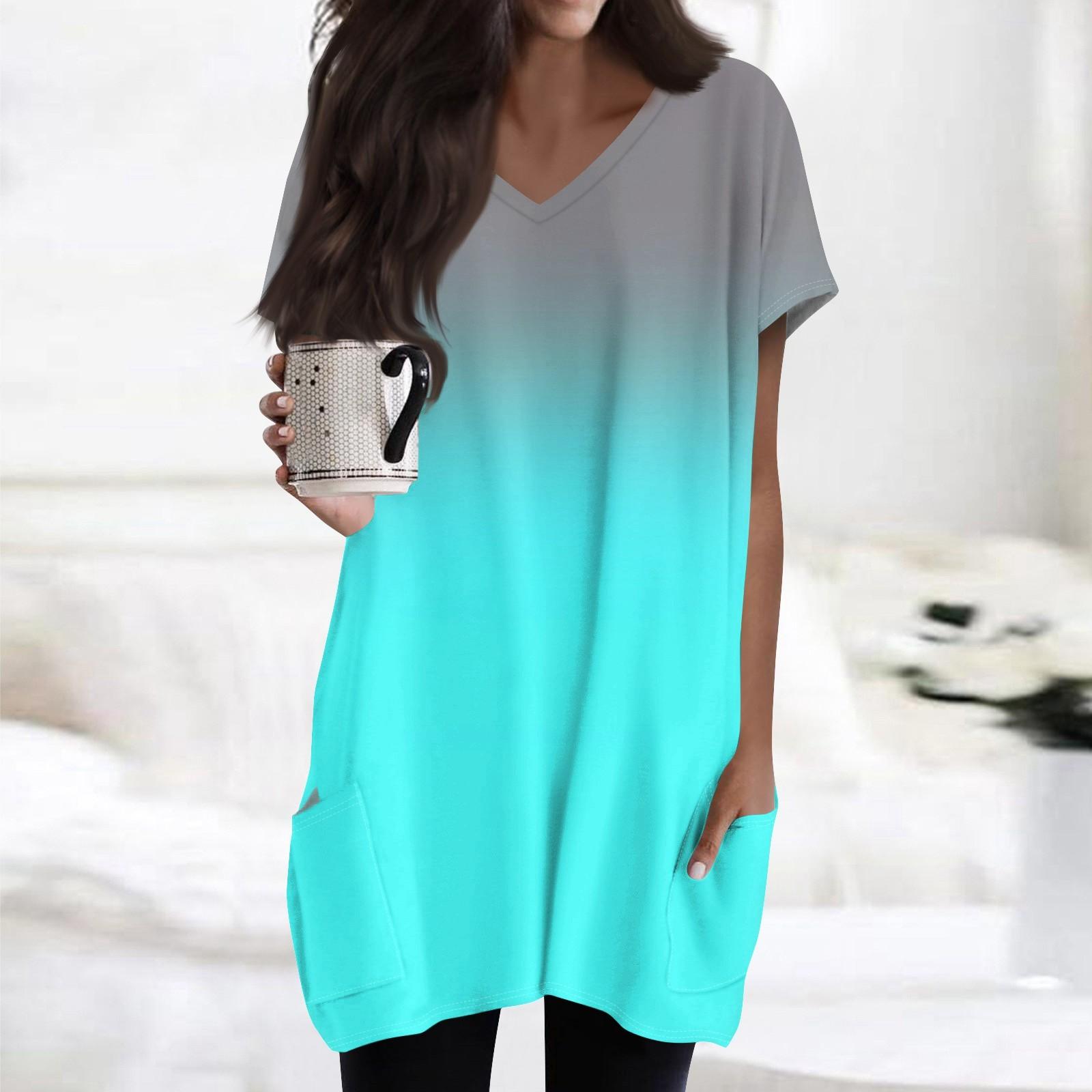 

Женские топы с V-образным вырезом, блузки с коротким рукавом, повседневные рубашки средней длины, модные туники с принтом и карманами L циан