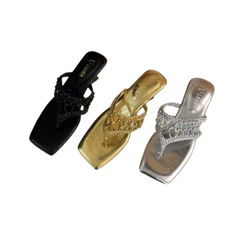 Fashion Shoes Woman 2025 Square Toe Slippers Summer Low Rubber Flip Flops Silver Soft Flat Hawaiian Rome PU Scandals Casual Fabric Slide