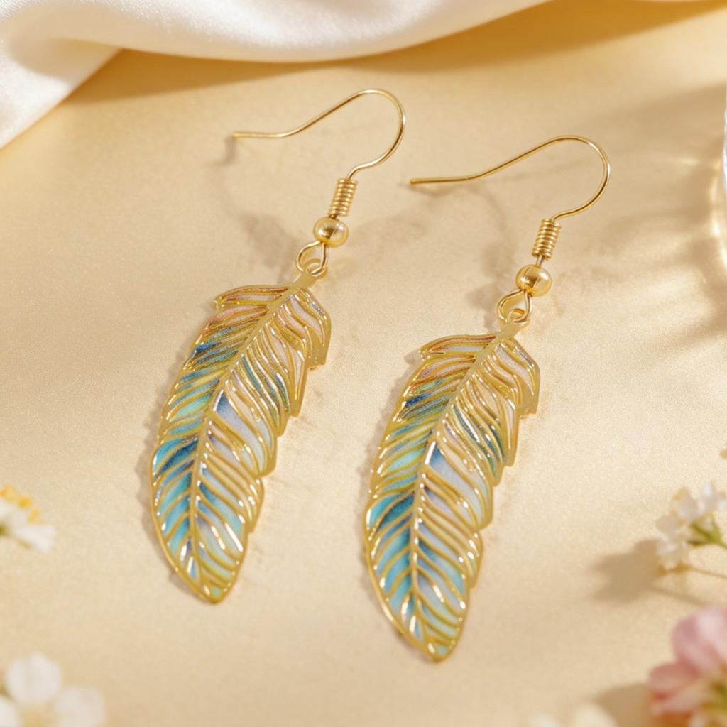 Gradient Feather Dangle Earrings Iridescent Enamel Leaf Drop Earrings Gold Tone Hook Earrings for Women