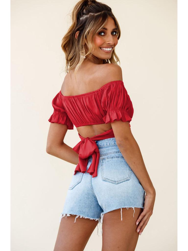 2024 Sexy Off-the-Shoulder Ruffle Tie-Back Top for Women In European and American Styles