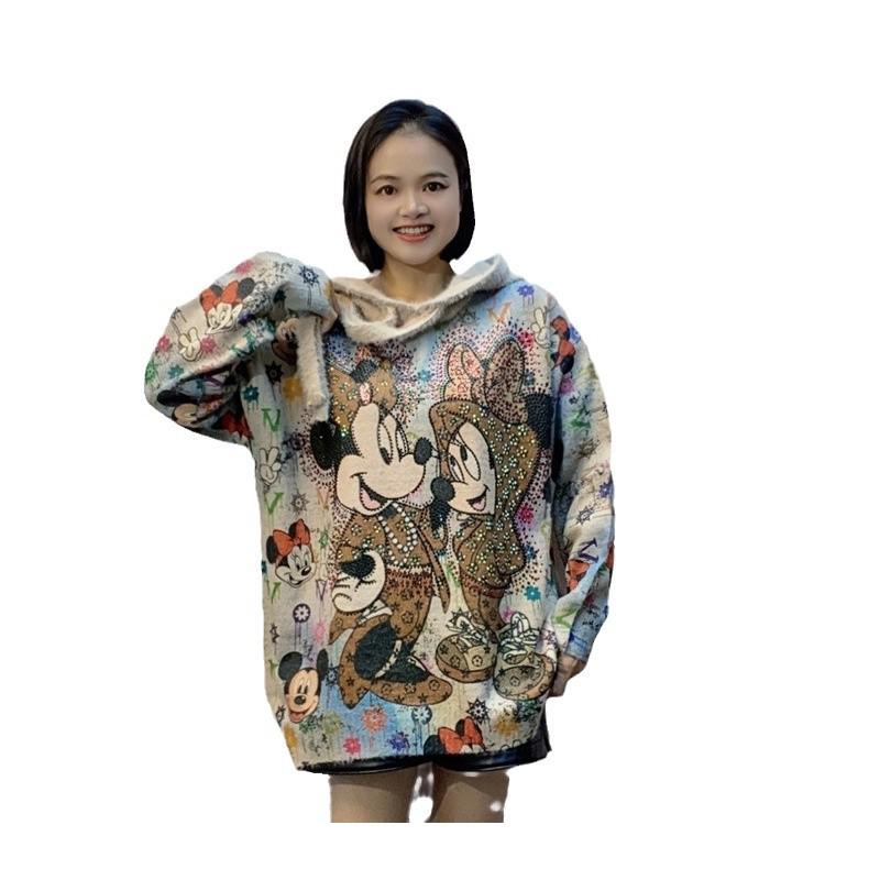 Plus Size Mickey Print Hooded Sweater for Women - Loose, Casual, Age-Reducing Knit Top