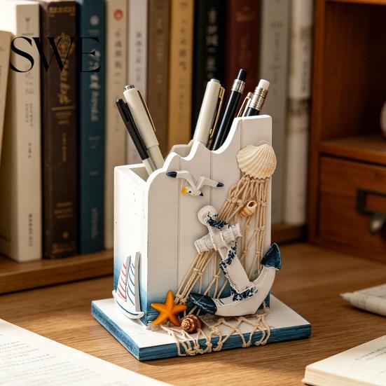 Pen Holder for Home Office Nautical Wooden Handcrafted Mediterranean Theme Makeup Brush Versatile Organizer Ocean Beach Pencil Container Stable Base