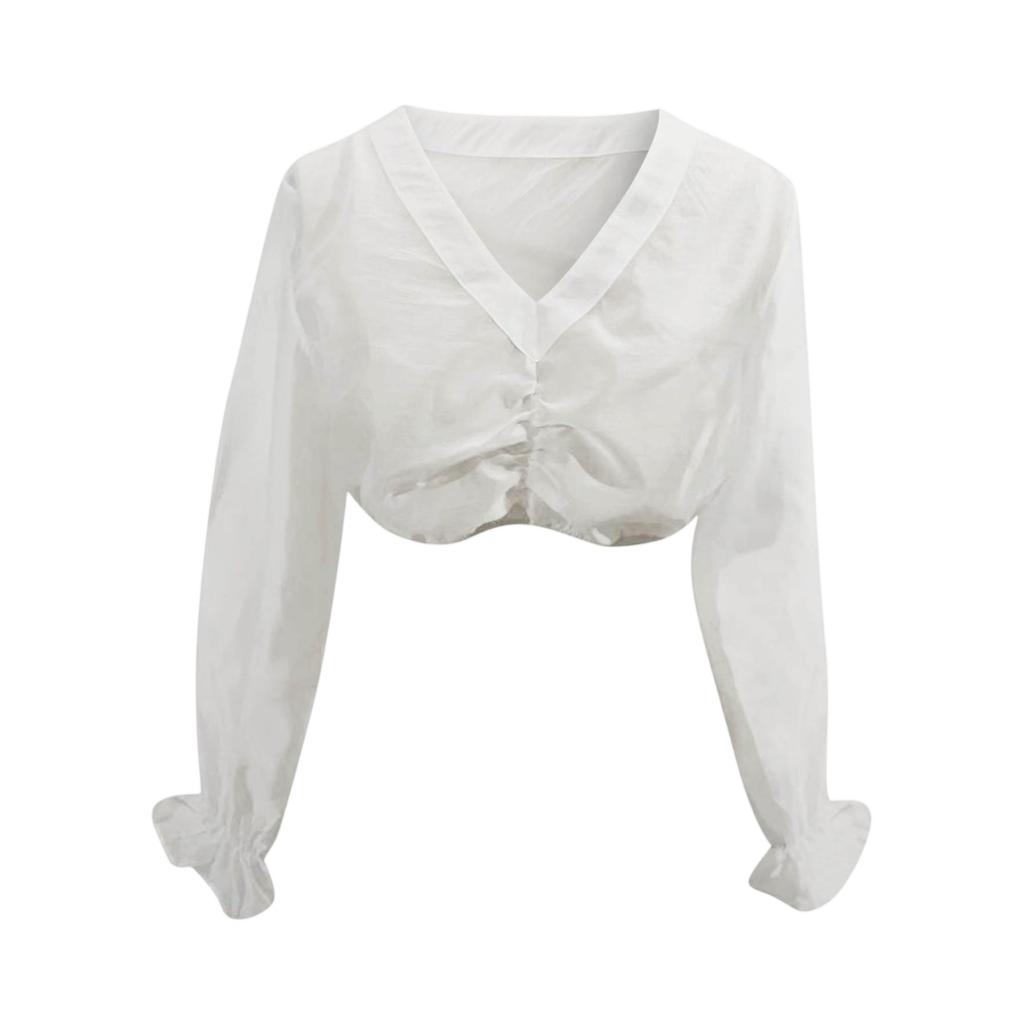 Top Corto da Donna Trasparente con Maniche a Lanterna Scollo a V Fronte Arricciato Blusa in Rete Leggera Camicia Estiva