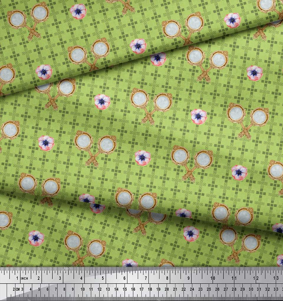 Soimoi Green Japan Crepe Satin Fabric Geometric,Anemone & Hand Mirror Vintage Fabric Prints By Metre 42 Inch