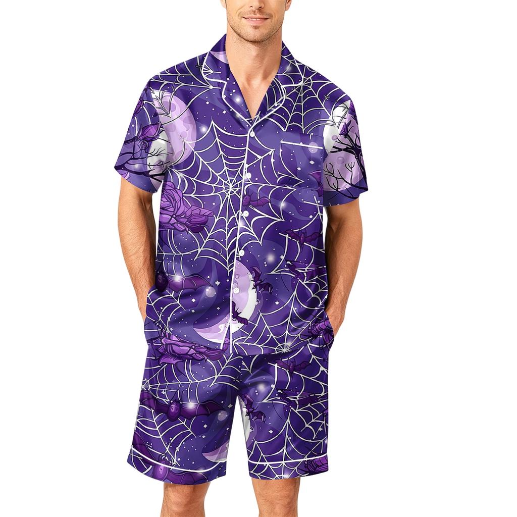 Men's Short Sleeve Pajama Set Button Down Shirt with Curved Hem and Matching Shorts Soft Casual Sleepwear Available In Sizes S To XXXXL