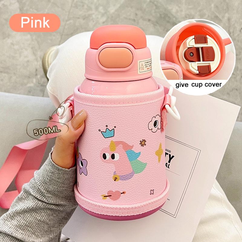 500ML Kids Thermos Bottle Stainless Steel Straw Cup With Case Cartoon Leak-Proof Vacuum Flasks Children Thermal Water Bottle