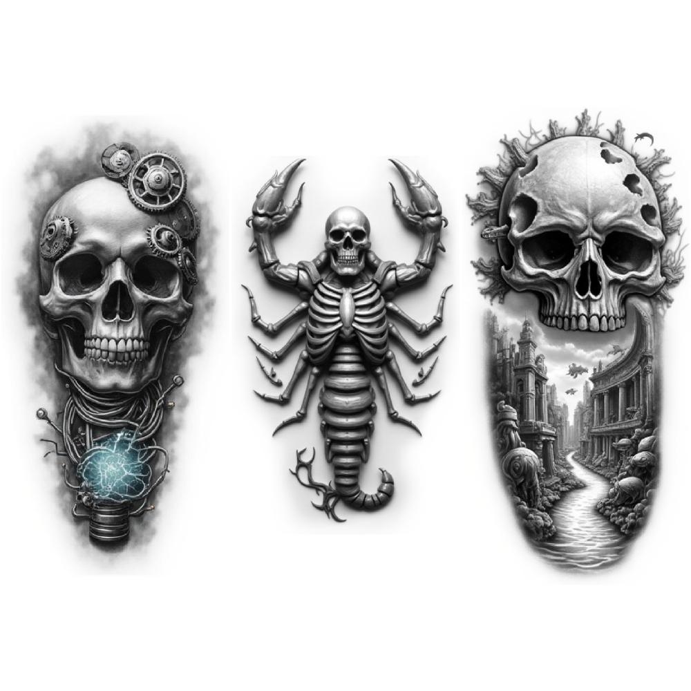 3pcs Temporary Tattoo Black And Grey Realism Scorpion With Skull Horned Skull Skull With Bird For Women Adults Men