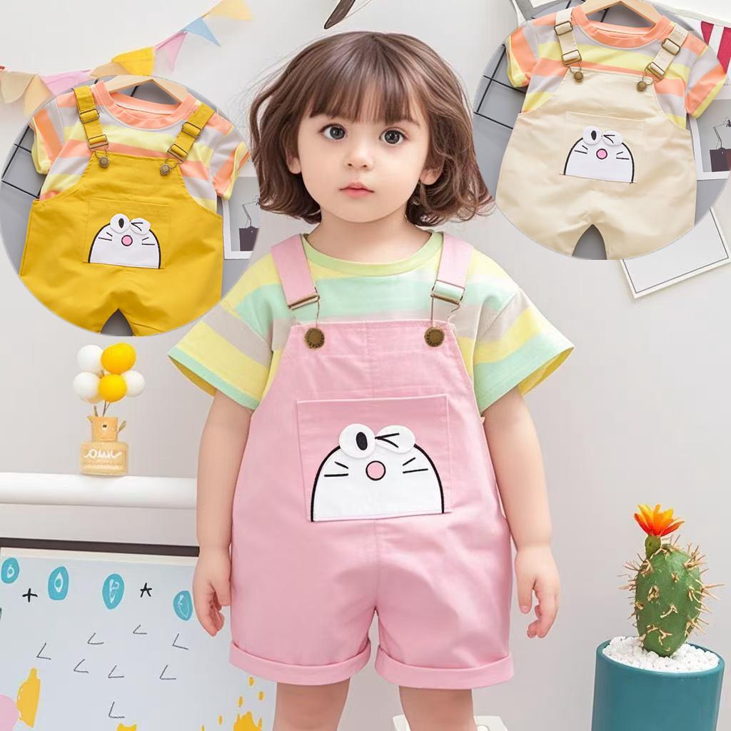 Children's set, cartoon overalls for boys and girls, striped two-piece set, summer fashion, trendy children's clothing