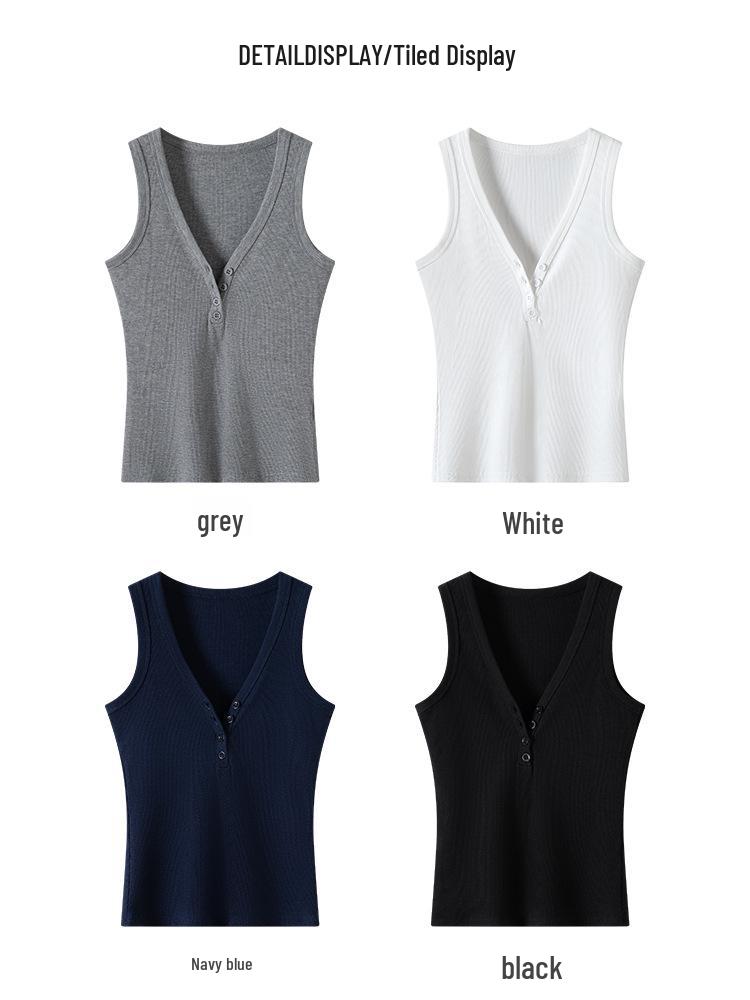 K3019 Threaded Button V-Neck Camisole - Women's Slim-Fit Cotton Top, Spring/Summer Style